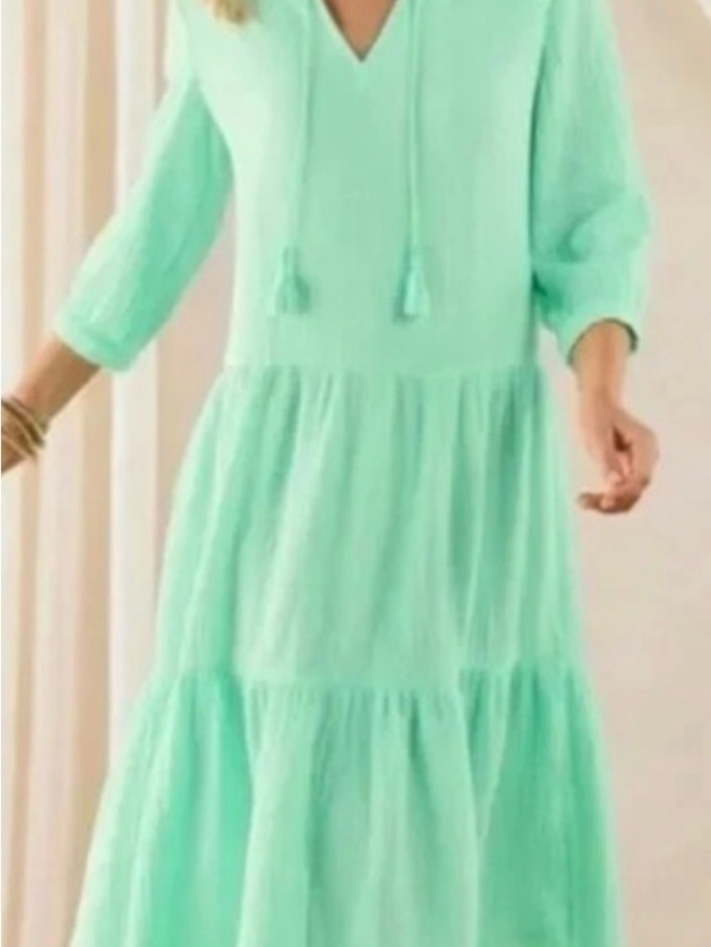 Soft Surroundings  Mint Green Tiered V-Neck Maxi Dress 1X gauzy 100% cotton